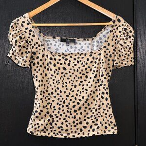 Lulus Oh Darling Black and Tan Dot Print Puff Sleeve Top